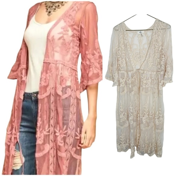 entro Sweaters - Entro Robe Women's Small #J9083 V-Nk Bell Slv Ivory Floral Lace Nylon/Cotton